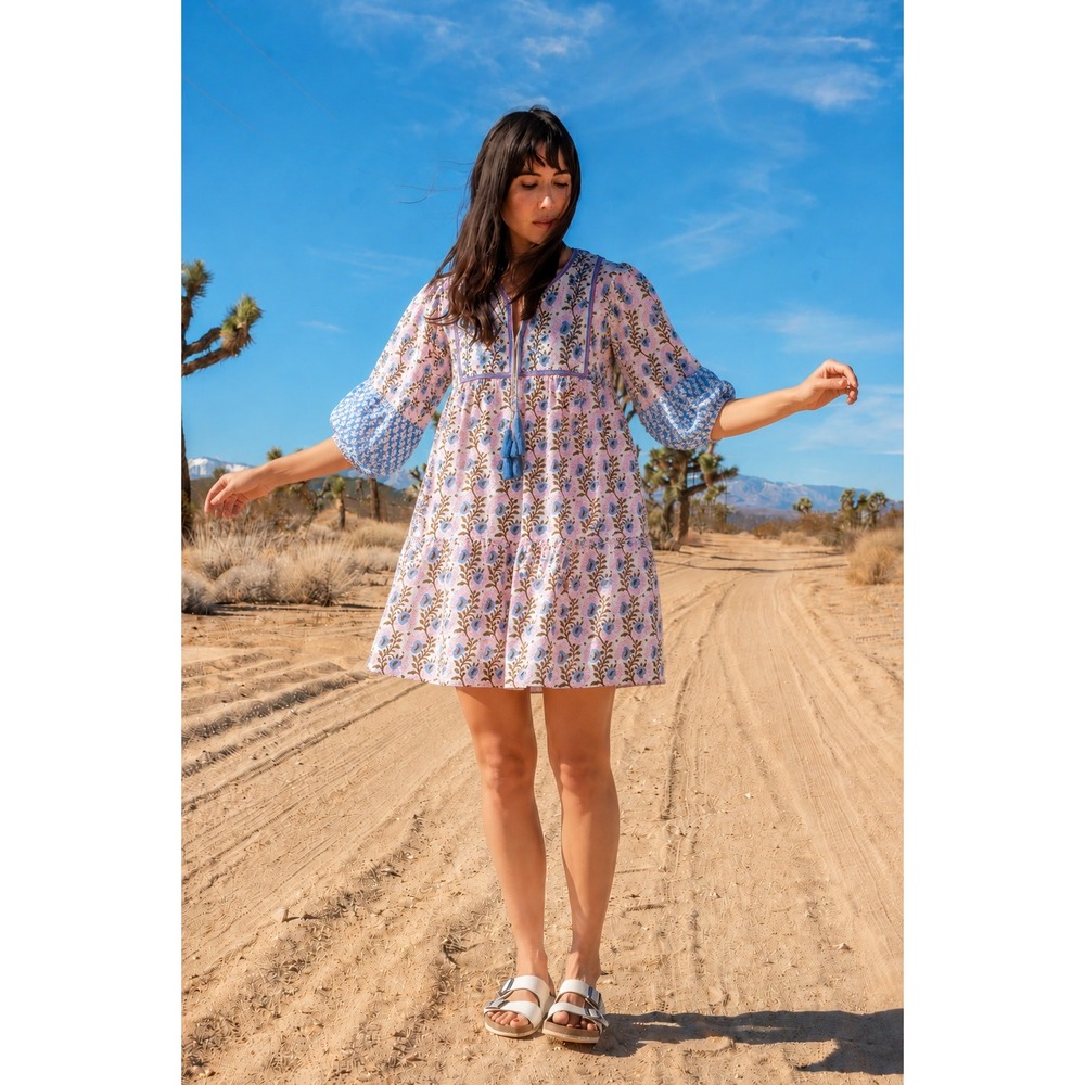SZ Blockprints Mini Dress Size S Lavender Floral Cotton Boho India